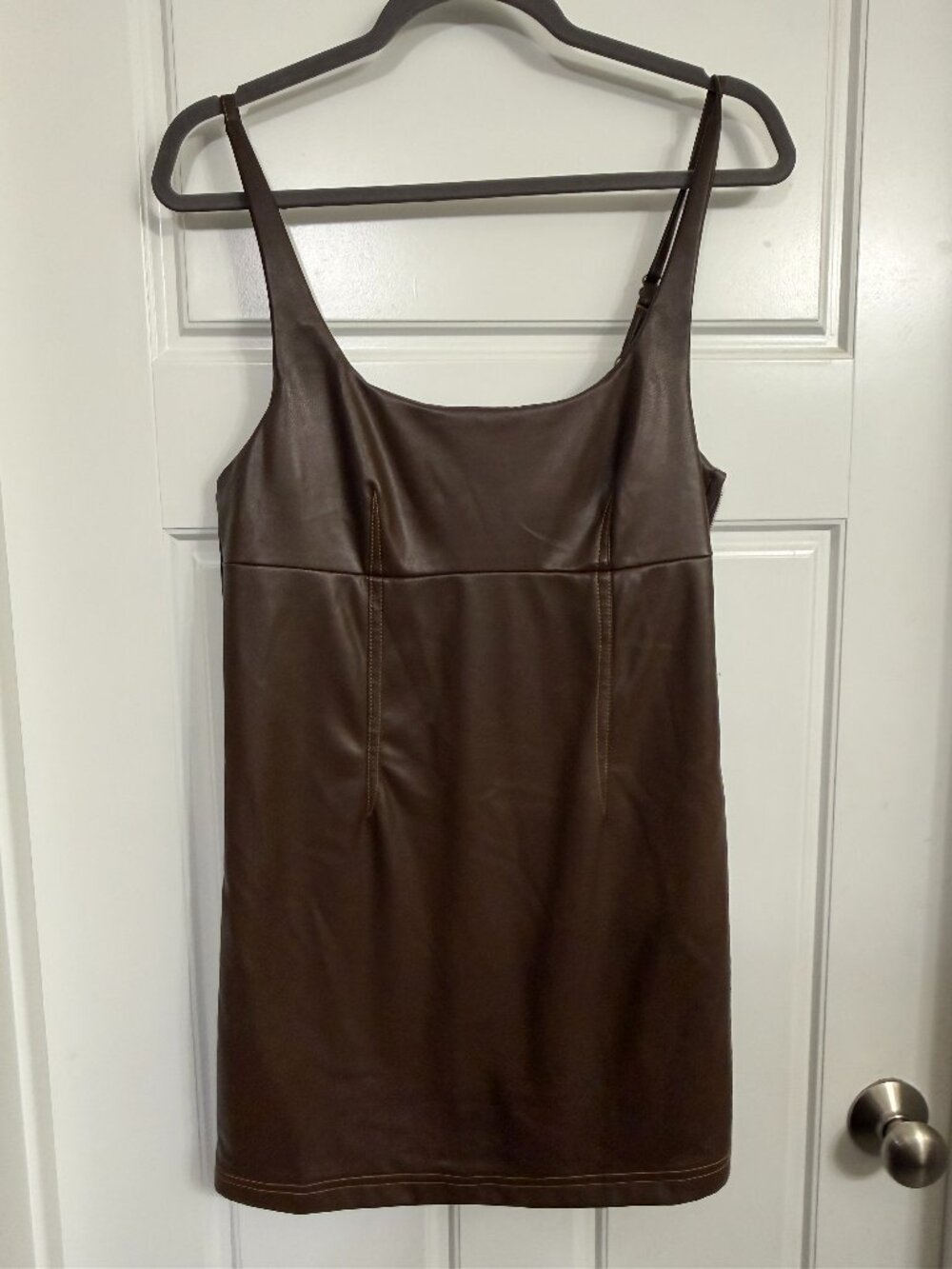 Audrey 3+1 Faux Leather Mini Dress Size M Chocolate Brown Contrast Stitch Side Z